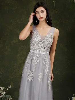 فساتين من التول الفضي الناعم ، مزخرفة أنيقة ، مطرز برقبة على شكل حرف V ، فساتين حفلات رسمية طويلة للعروس ، فستان سهرة ، 5