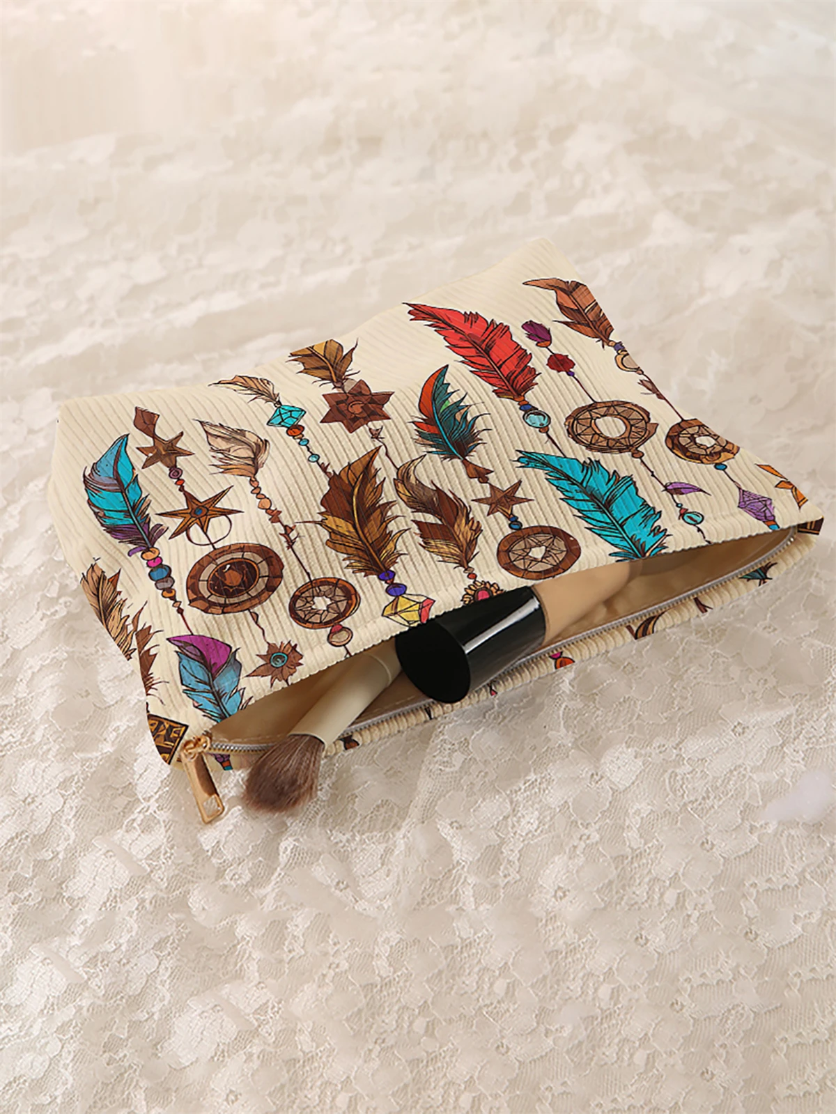 1 corduroy makeup bag with feather pattern, light zipper makeup storage box, multifunctional bag with lining