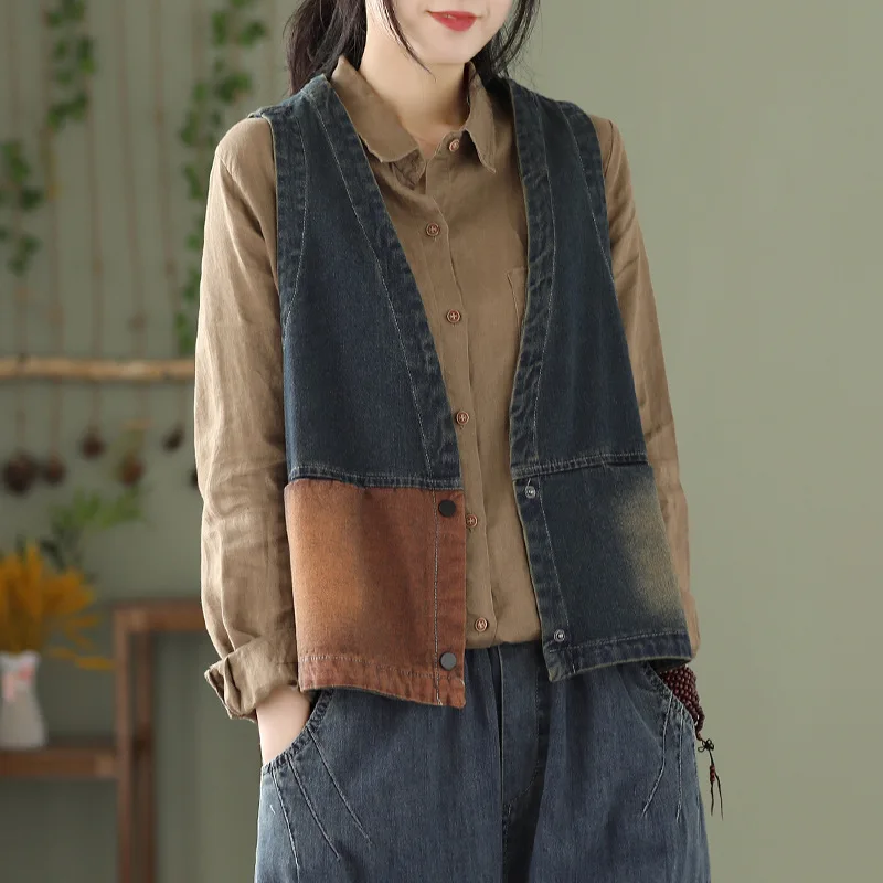 2022New Women Denim Vests Summer Vintage Color Spliced Vintage V Neck