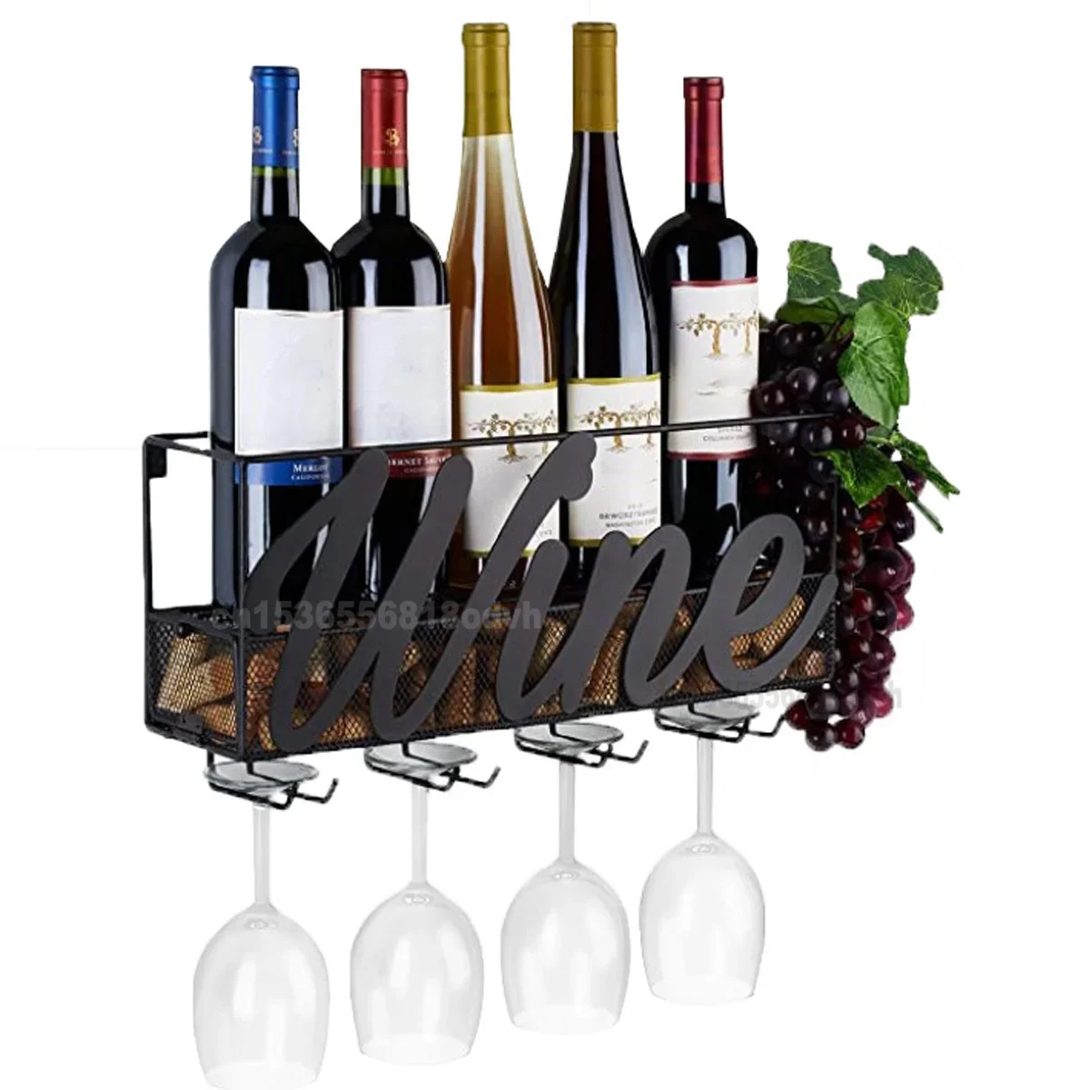 Wall Mounted Iron Wine Rack 4 Hooks Wine Glass Holders Metal Rack Bottle Champagne Shelf with Extra Cork Tray