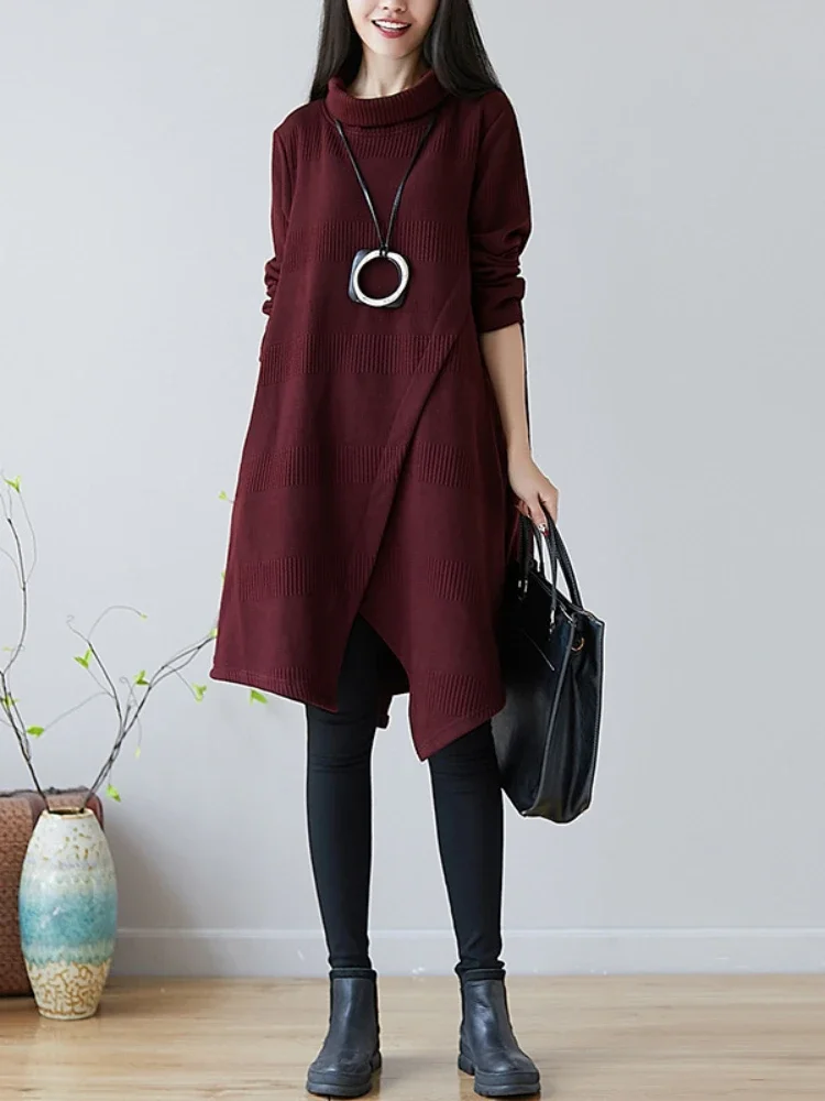 

New Fashion Elegant Women's Dress Solid Color High Neck Long Sleeved Temperament Split Vestido Party Dress for Women 2023