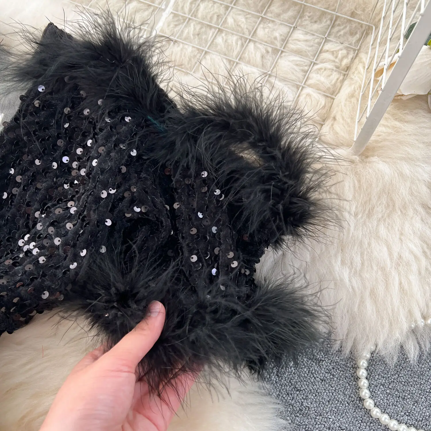 Elegant Sequined Jumpsuits Women Fashion Autumn Transparent Strap Faux Fur Hem Off Shoulder High Waist Wide Leg Velvet Rompers