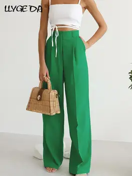 Women Casual Elegant Long Pants Green High Waist Wide Leg Trouser Female 2022 Summer Chic Pocket Zipper Office Ladies Trousers 1