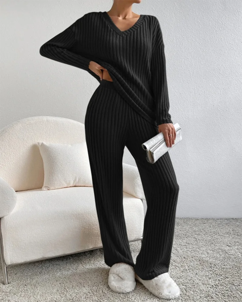 Autumn Winter Ribbed Knit Two Piece Set Womens V Neck Long Sleeve Top Wide Leg Pants Loungewear Casual Solid Color Outfit