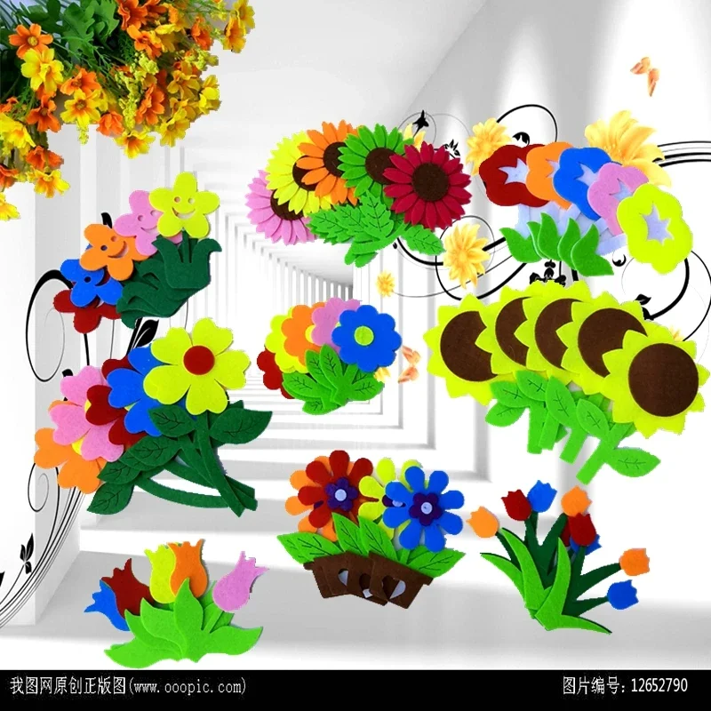 Sun Flower Non woven Felt Fabric Wall Stickers Smile Face Tulips Flower Kindergarten School Classroom Kids Handmade DIY Toys felt fabric sheet craft fabric flowers