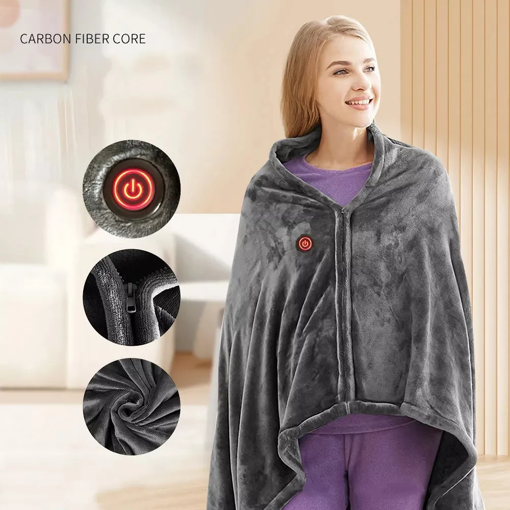 A woman in a warm gray blanket with a red light on it, providing comfort and USB Heated Shawl.