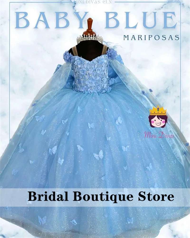 

Sky Blue Cute Children Princess Dress With Big Bow Crystals Buttfly Appliques Pageant Gowns Puffy Flowers Girl Dress Photography