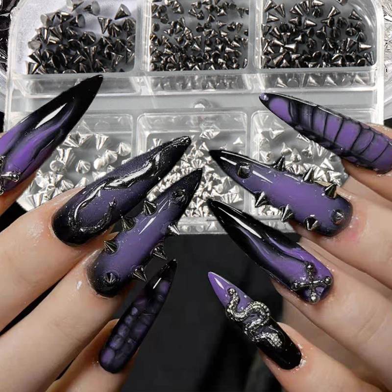Metallic Black Silver Nail Charm Punk Rivet Decorations