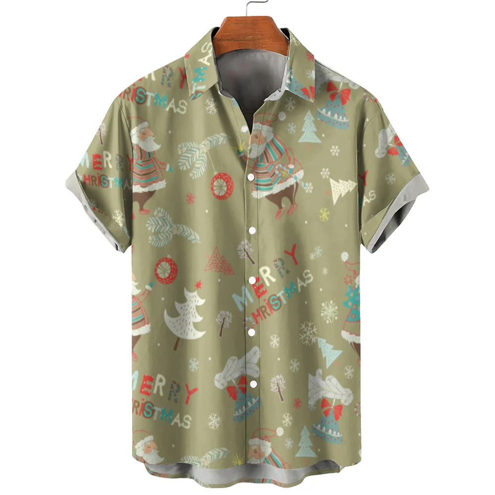 

Summer Men's Casual Fashion Breathable Short Sleeve Blue Shirt Christmas Elements 3D Printing Khaki Lapel Button Hawaiian Shirt