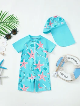 Costume da bagno tutina con stampa stelle marine e oceano per neonato con set di costumi da bagno per neonato con cappello 1