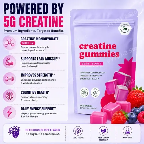 Berry Flavor Sugar Free Creatine Gummies Daily Health Nutrition & Lean Muscle Support，Gluten Free & Non GMO 36 Pieces Per Bag - Image 4