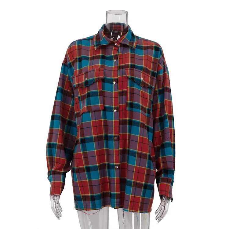 Patchwork Vintage Loose Shirts Female Casual Patchwork Pocket Long Sleeve Contrast Autumn Outwear Women's Shirts Tee