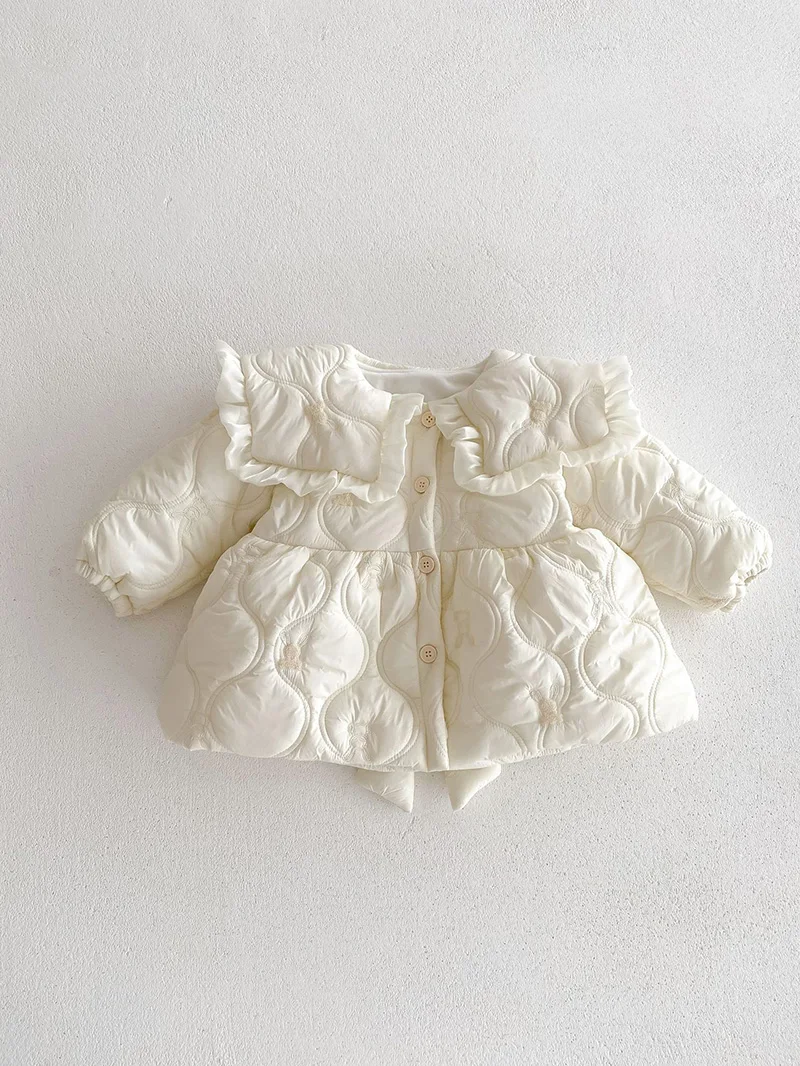 New Winter Fleece Padded Thick Toddler Baby Girls Warm Parkas Turn Down Collar Big Bow Princess Kids Girls Lining Jacket Coat