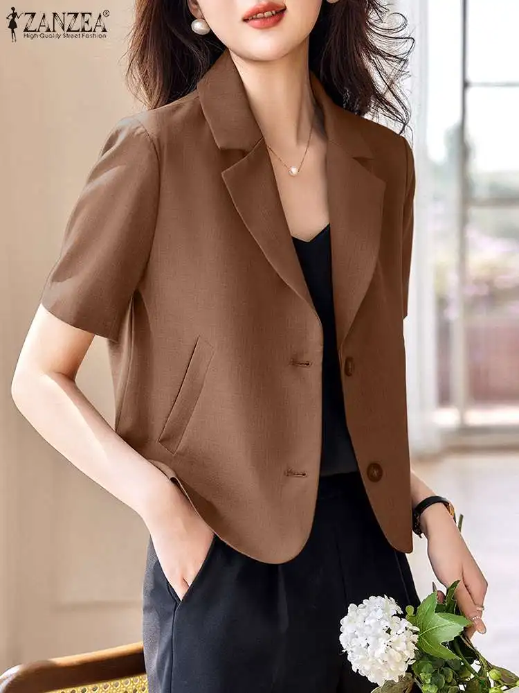 

ZANZEA Vintage OL Work Blazer Ladies Summer Fashion Street Jackets Short Sleeve Lapel Shirt Woman Casual Solid Color Suits 2023