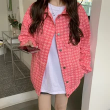 

Pink Houndstooth Denim Jackets For Women Korea Style Loose Tide Street All-Match Outerwear Tops Female Chic Retro Coats Ins