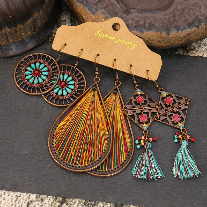 Vintage Geometry Round Flower Hollow Drop Earrings Set For Women Boho Multicolor Crystal Resin Tassel Knit Jewelry Gift