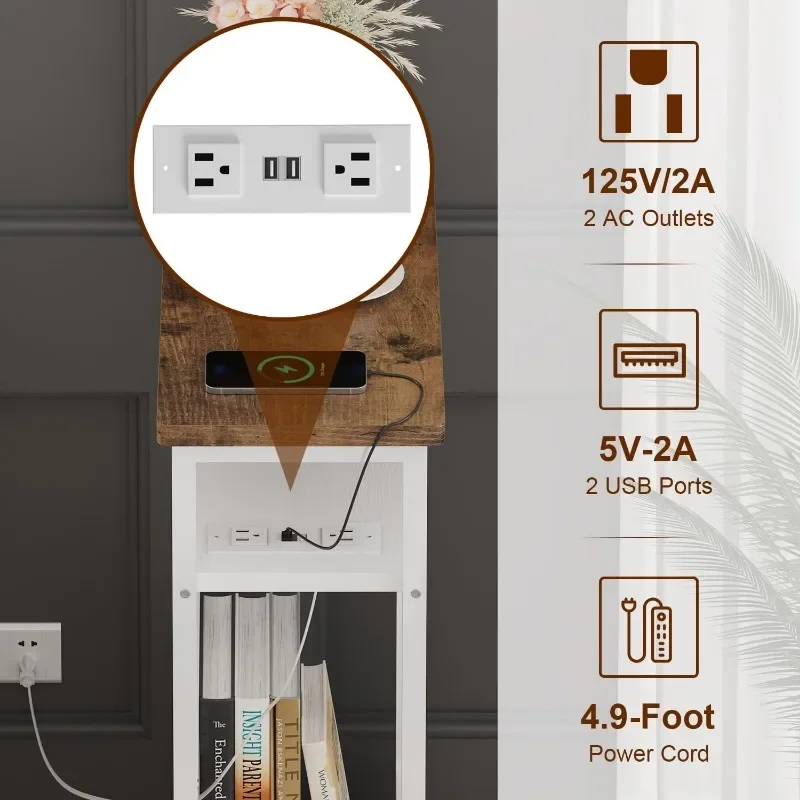 Narrow Side Table Set of 2, with Charging Station, End Table for Small Spaces, Nightstand with 2 USB Ports and 2 Outlet 4