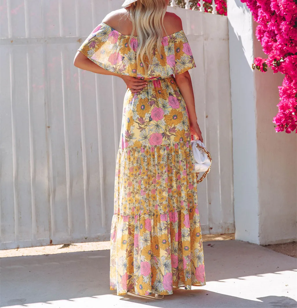 Flower Print Off Shoulder Long Dresses For Women Spring Summer New Fashion Temperament High Waist Leace-up Dress Female Vestidos 14 undefined