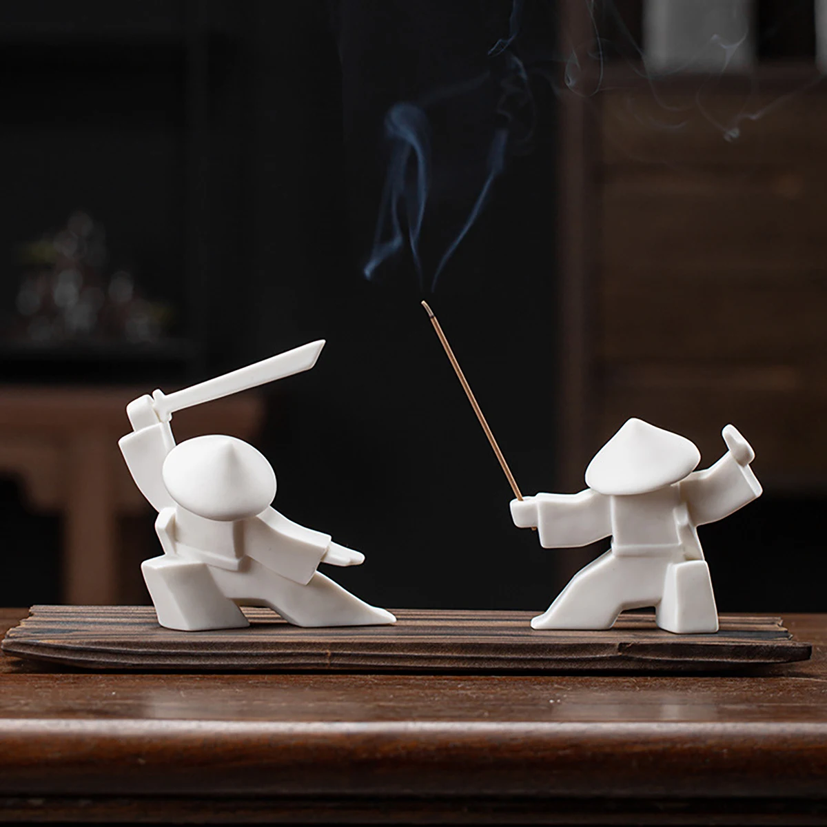 2 Porta Incenso Samurai In Ceramica, Statuette Minimaliste Con Spada, Per Bastoncini, Effetto Cascata Di Fumo, Decorazione Zen - 4