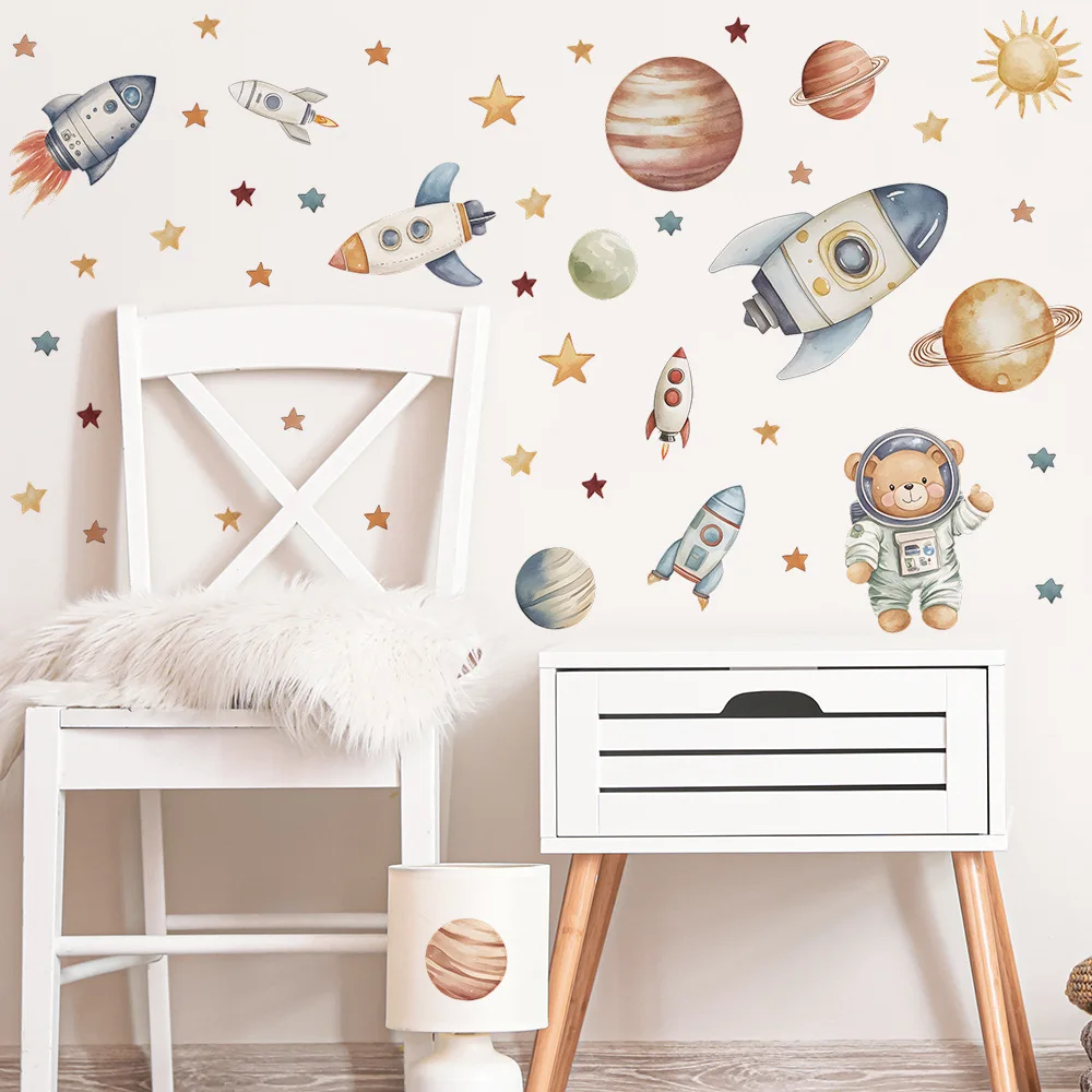 Cartoon Bear Astronaut Rocket Wall Stickers For Kids Room Background Decoration Mural Baby Bedroom Home Decor Removable Decals 1