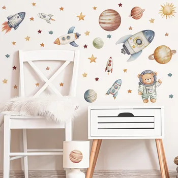 Cartoon Bear Astronaut Rocket Wall Stickers For Kids Room Background Decoration Mural Baby Bedroom Home Decor Removable Decals 1