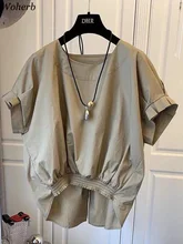  Woherb Cotton Asymmetrical Crop Blouse Women Korean Pleated Bow Bandage Shirt Causal O-neck Solid Elegant Blusas Mujer Moda 2022 