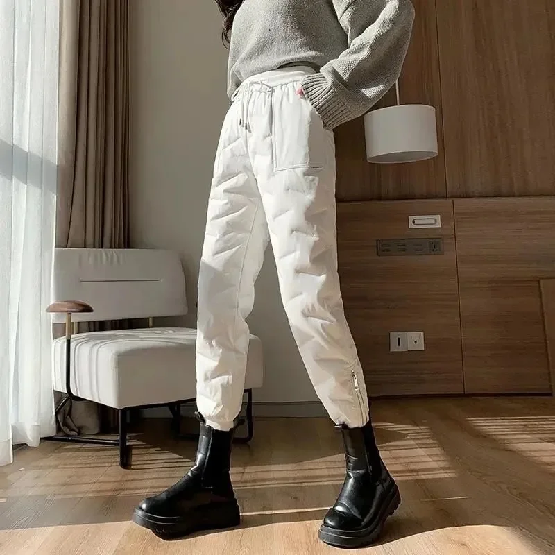 Warm Thicken Side Zip Down Cotton Straight Pant Casual Thick Winter Snow Wear Windproof Pantalones New Fluffy High Waist Spodnie
