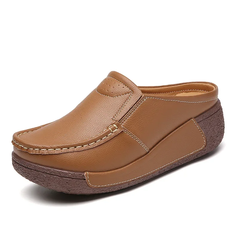 Spring Autumn Women Platform Slippers Summer Breathable Outdoor Casual and Comfortable Leather Half Slippers Zapatillas De Mujer