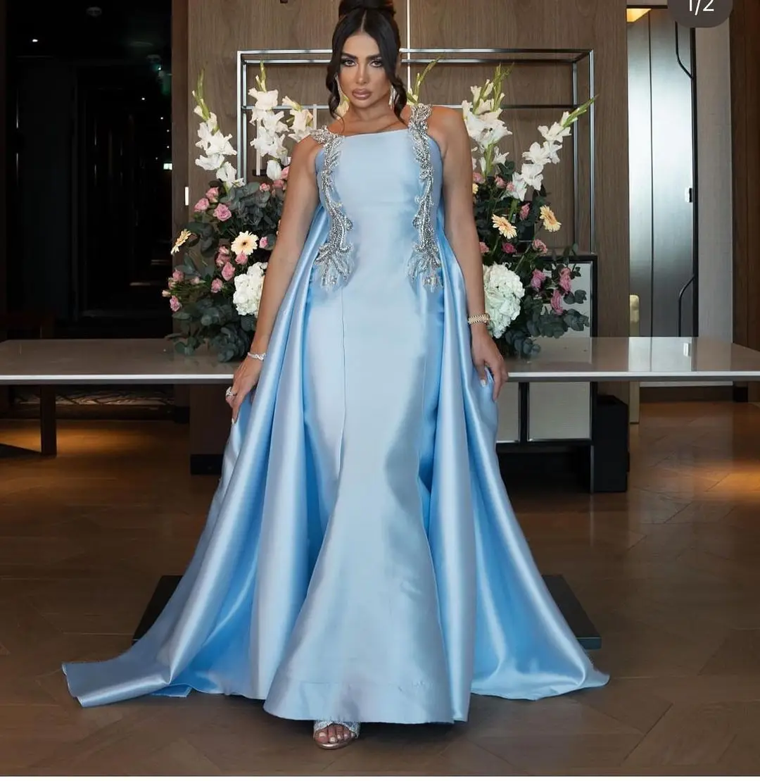 

Vintage Mermaid Square Neck Prom Dresses Light Blue Satin Beadings Backless Floor Length Party Dress Special Occasion Dress