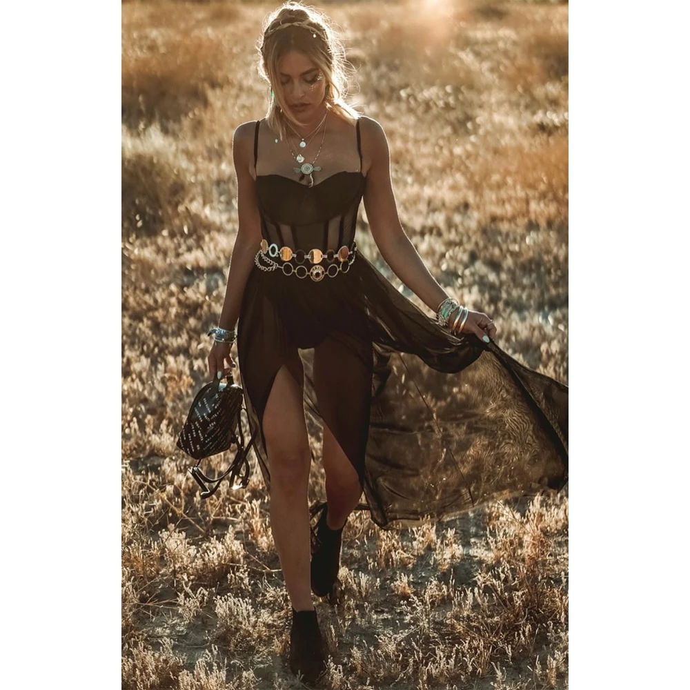 

Sexy Women Boho Retro See-through Bodycon Spaghetti Strap Long Dress Elastic High Waist Party Summer Beach Bodysuit Sundress