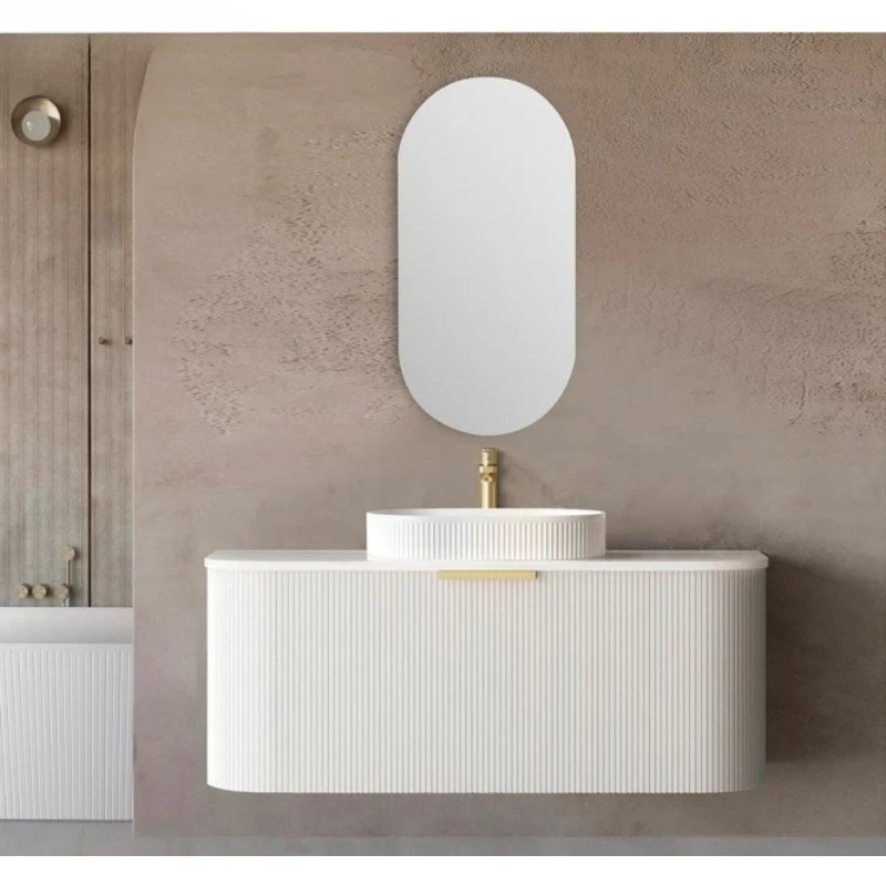 

Groove Fluted White Hotel Toilet Room Wooden Furniture Bathroom Cabinet Sintered Stone Vanity With LED Mirror