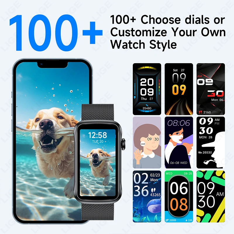 LIGE Men Smart Bracelet Women Smartwatch Ladies Heart Rate Blood Oxygen IP68 Waterproof Sports Smart Band Watch For Android IOS