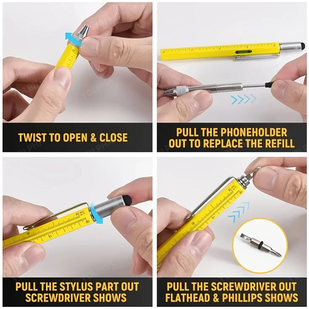 Metal 7-in-1 Multi Tech Tool Pen with Screwdriver Ruler Level Gauge Ballpoint Pen Touch Screen Stylus for Men Engineers Gifts