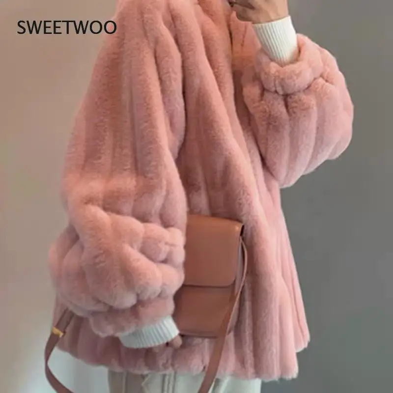 

New Korean version of imitation mink fur coat female fur coat stand-collar striped plush coat Contracted Slim 2022