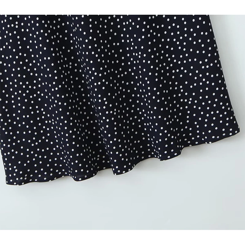 YENKYE 2025 Women Navy Blue Polka Dot Long Dress Lace Trim V Neck Short Sleeve A-line Elegant Holiday Dresses Summe Maxi Robe 5