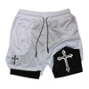Men's cross printed 2-in-1 training shorts with compression lining, Christian gym sports shorts, phone pocket, towel buckle, run 1