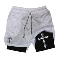 Men's cross printed 2-in-1 training shorts with compression lining, Christian gym sports shorts, phone pocket, towel buckle, run 1