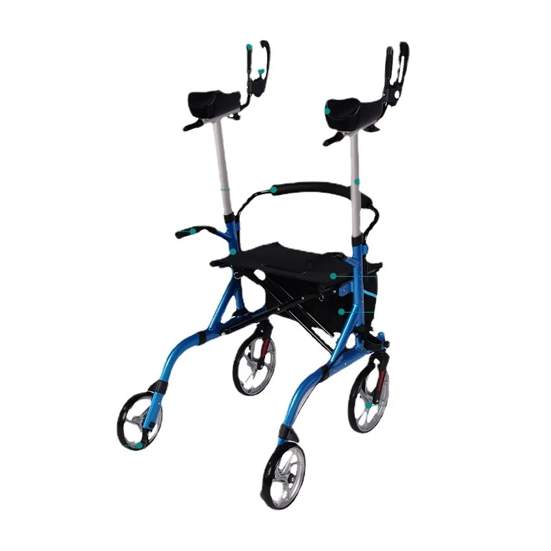 Elderly walker four-wheeled with handbrake, armrest, adjustable height, push supermarket grocery cart
