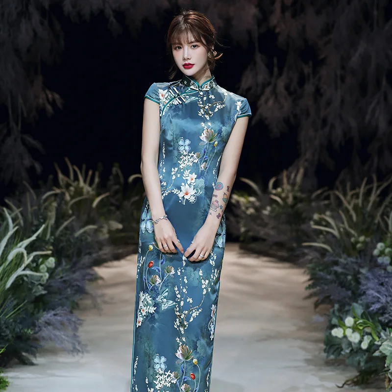 HINGT Style Chinois Traditionnel Cheongsam Robe Dames rétro élégant Floral Cheongsam Robe Dames Chic Robe de soirée surdimensionnée