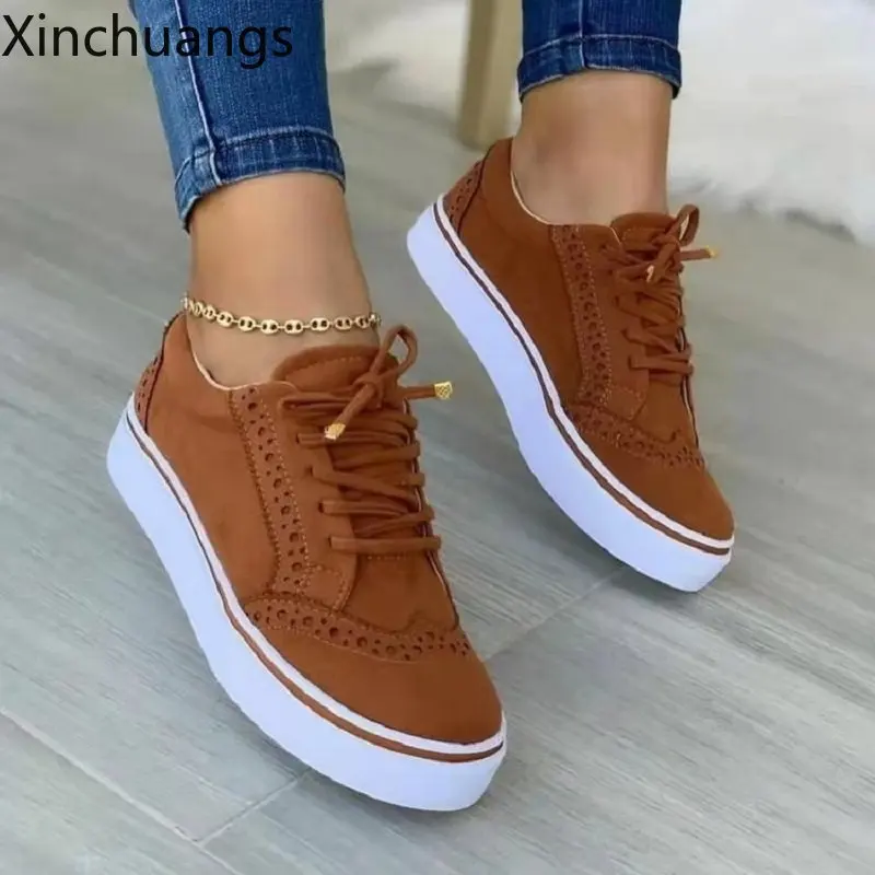 New Women Flat Casual Sneaker Spring Lace Up Sports Solid Color Walking Shoes 4