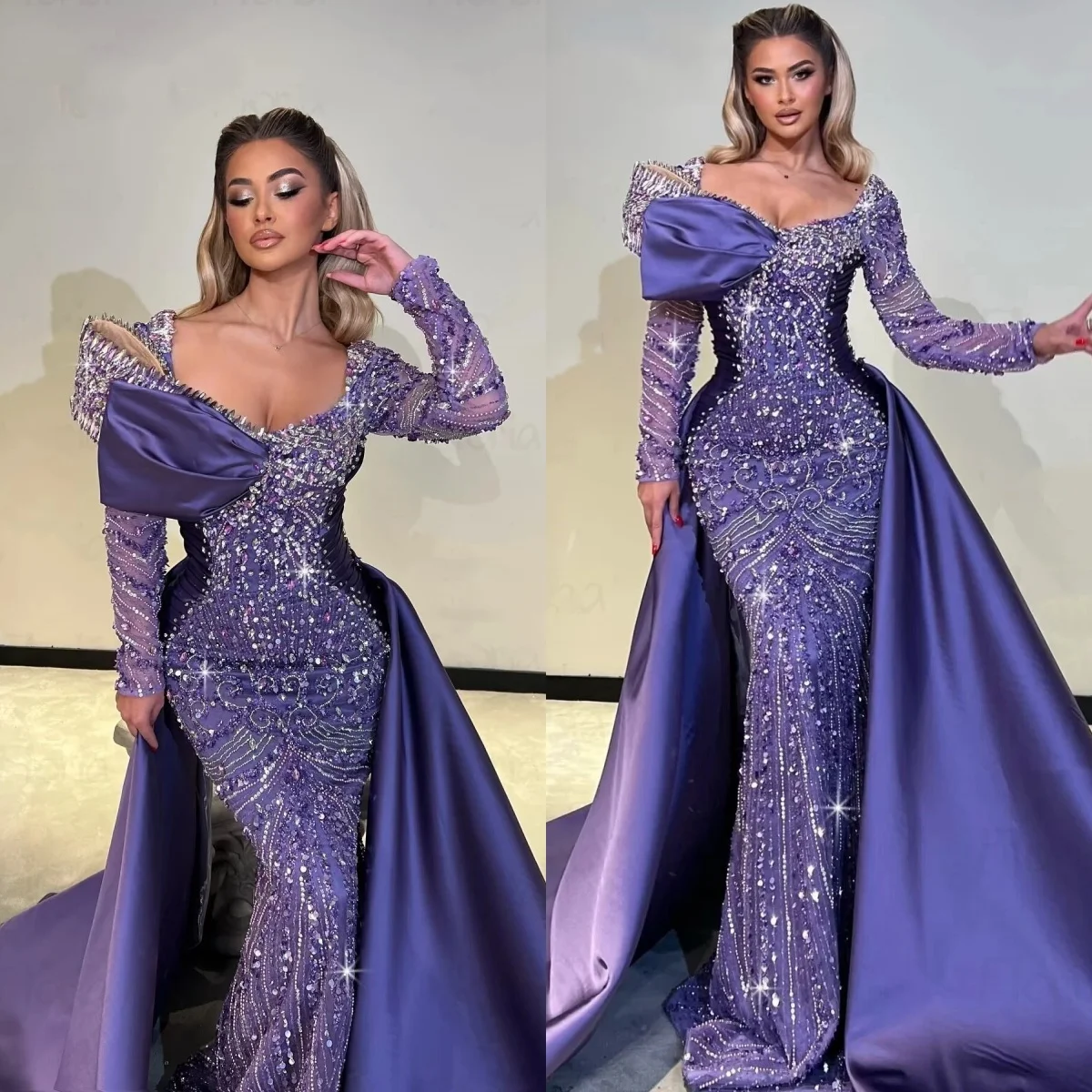 Sparkly Off the Shoulder Sleeveless Mermaid Crystal Tulle Sweep Train Prom Dress
