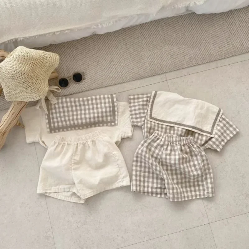 New Summer Baby Navy Collar Plaid Clothes Set Children Short Sleeve Tops + Shorts 2pcs Suit For Boys Girls Infant Outfits kids clothes set,two piece set,baby girl clothing set,shorts suit