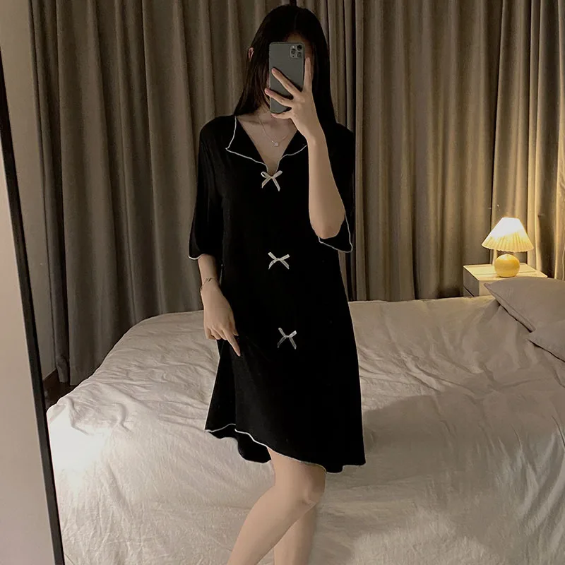 Summer Women's Nightdress Oversized Solid Short Sleeves Pullover Pajamas With Bow Simple Casual 2024 New Female Home Nightgown