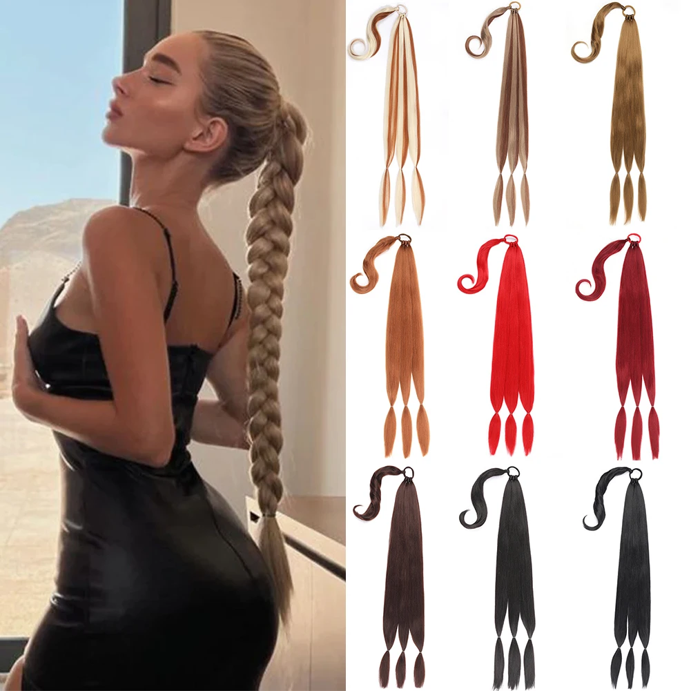 Long DIY Braided Ponytail Extension with Hair Tie 34 Inch Straight Wrap Around Hair Extensions Natural Soft Synthetic