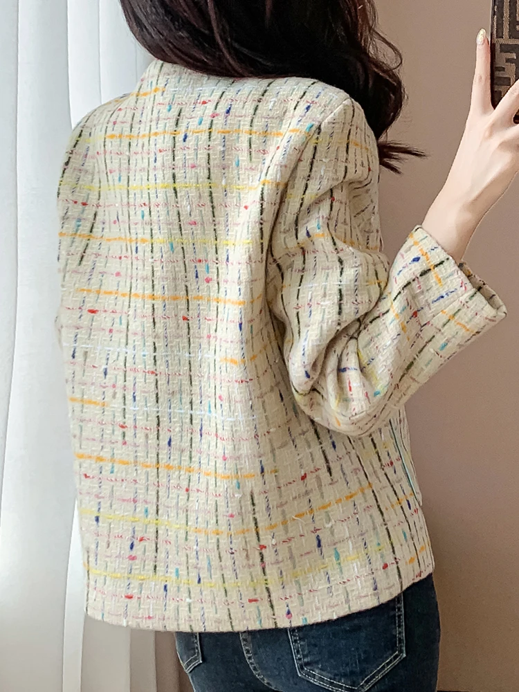 QOERLIN High End Women's Long Sleeve Double-Breasted Tweed Jacket with Pocket Elegant Slim Fit Work Office Business Tweed Blazer