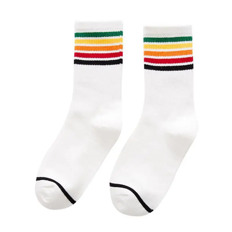 1 Pair Women Winter Rainbow Striped cotton socks Black/White Sport Girls College style sock funny art warm sox