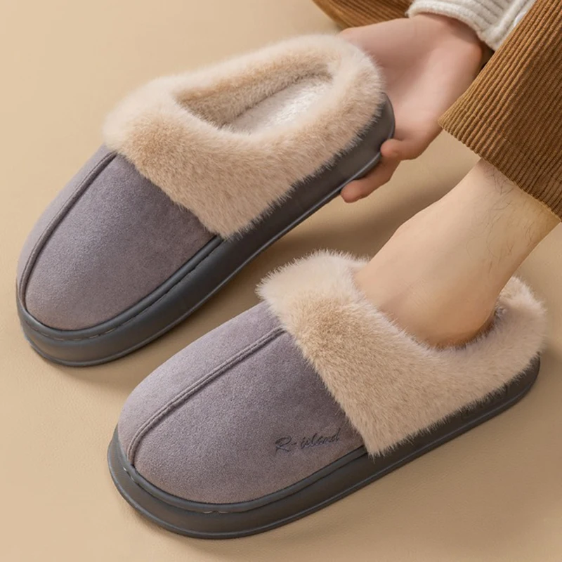 2025 Winter Platform Cotton Slippers Women Letters Thick Bottom Warm Plush Slides Woman Comfortable Fluffy Couple Home Shoes