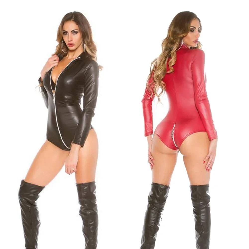 

Sexy Long Sleeve Faux Leather Bodysuit Lingerie Open Crotch Zipper Front Catsuit Women Erotic Vinyl Lingerie Pole Dance Costume