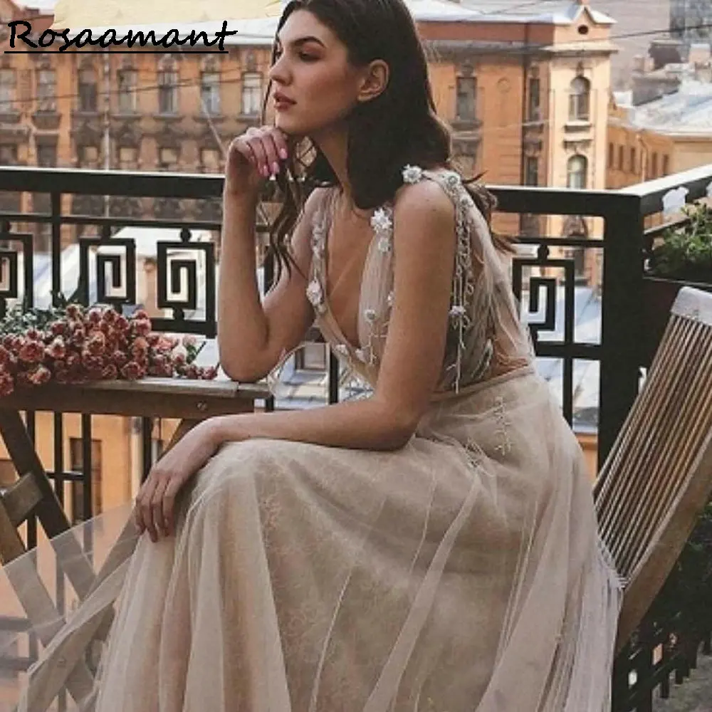 

Свадебные платья-трапеции цвета шампанского с V-образным вырезом и открытой спиной, Цветные Цветочные кружевные свадебные платья без рукавов, женское платье