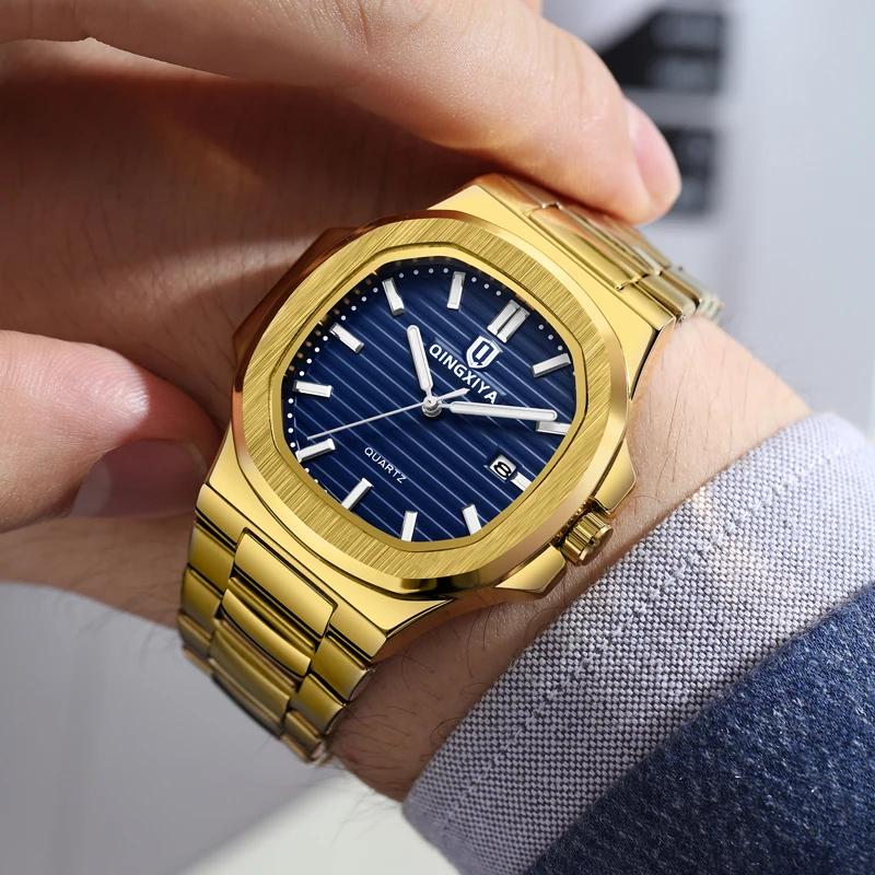 QINGXIYA New Fashion Square Quartz Watch Stainless Steel Gold Strap Waterproof Luminous Calendar Mens Watches Top Brand Luxury